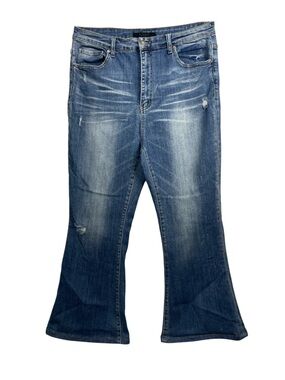 Risen Flare Jeans 1XL Mid-blue Distressed Denim Stretch Plus Comfort Everyday